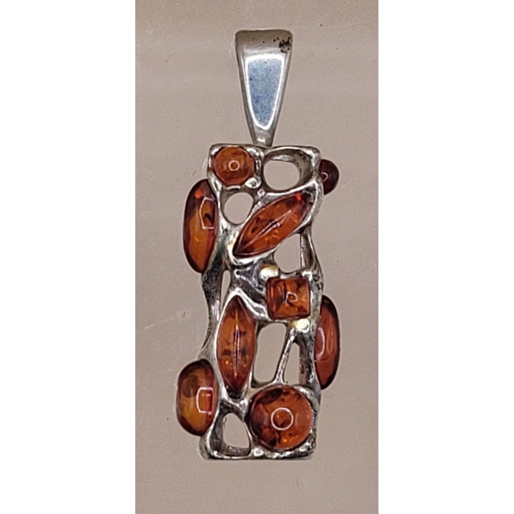 Vintage 925 Sterling Silver Baltic Amber Pendant Brutalist Modernist Artisan